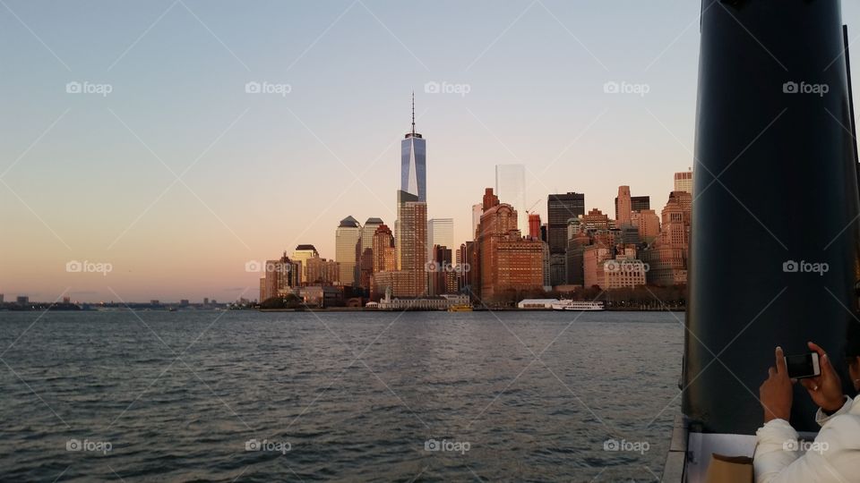 New York skyline at sunset from the coast