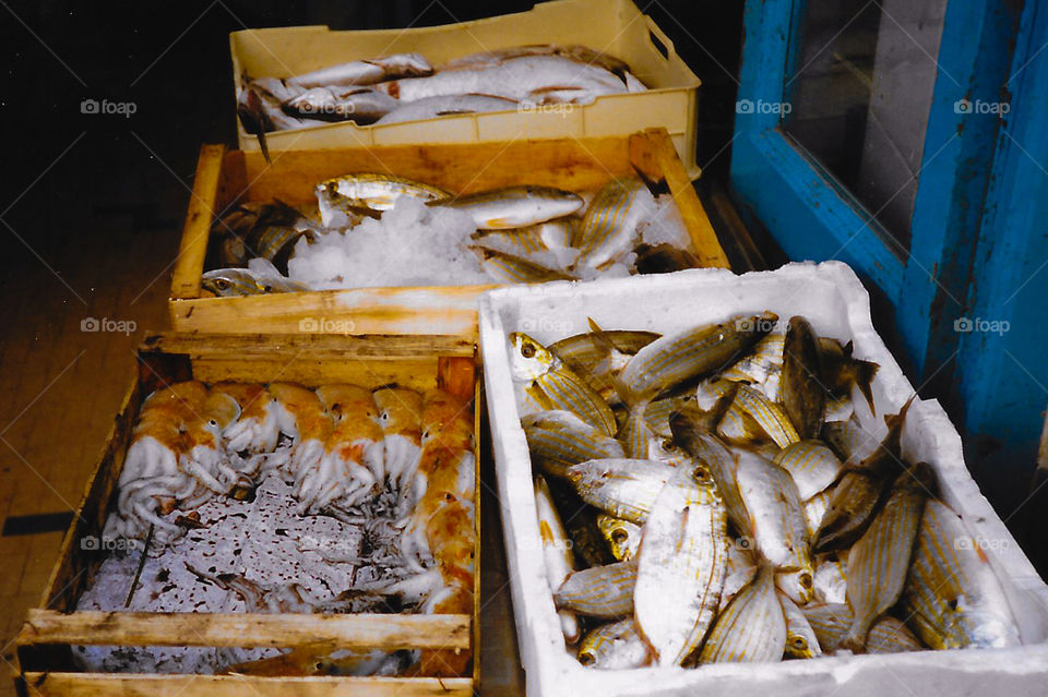 Fish market in Capri, Italy. Selling fresh squid and local fish caught that morning in the aquamarine waters around the Island of Capri. 