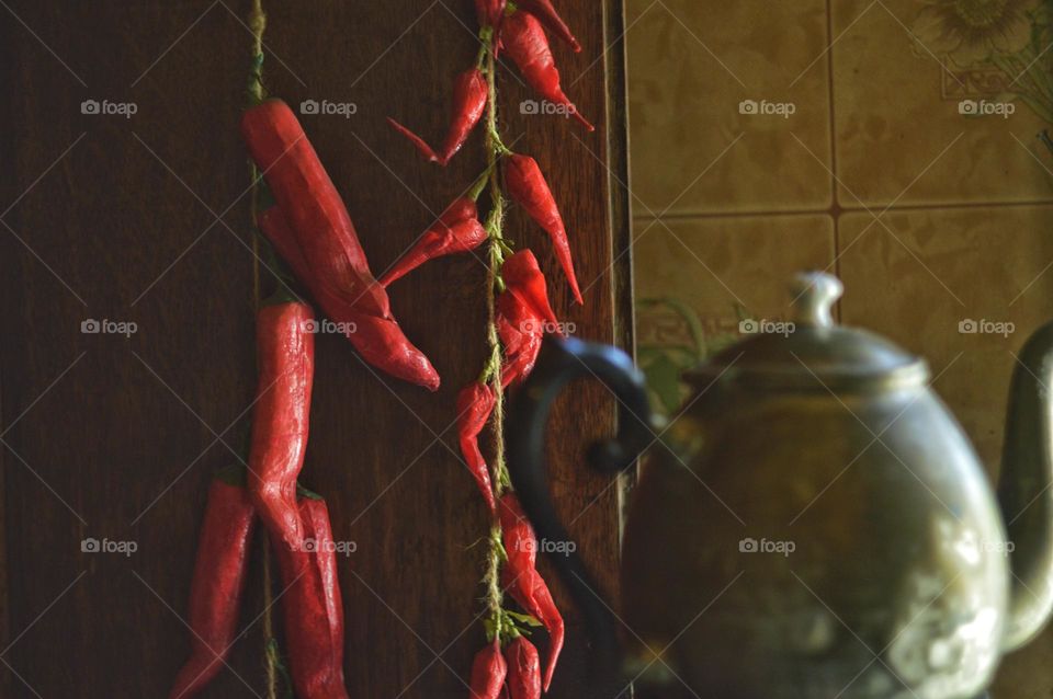 just dried red peppers on strings