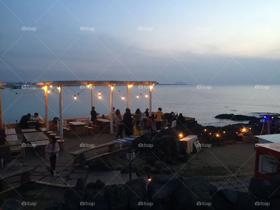 A cafe besides sea and sunrise in jeju island, Korea