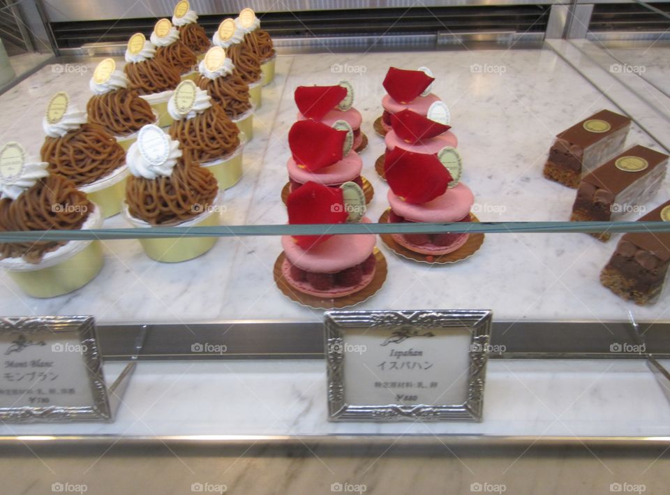 Beautiful, Delicate Desserts with Rose Petals. Pretty Glass Display Counter. Tokyo, Japan