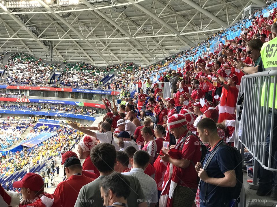 Worldcup 2018 in Samara - Russia, danish fans enjoying the match. Good weather and nice red and white outfits