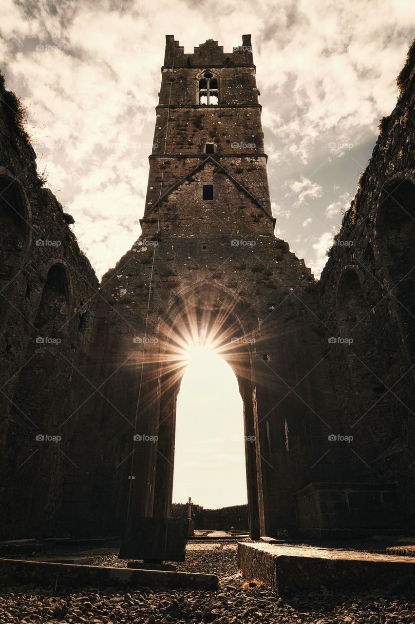 Sunlight trough doors of medieval church at Claregalway, Ireland