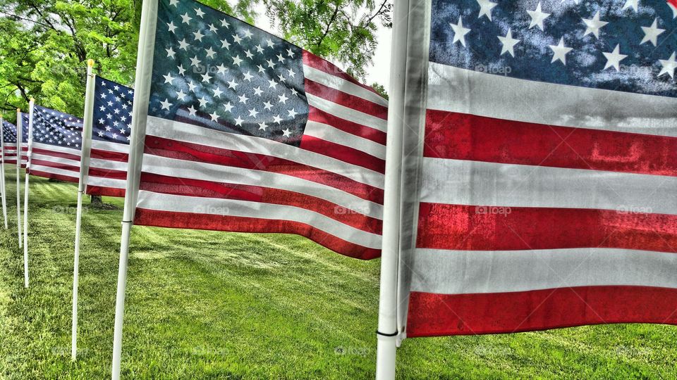 American flags flying in HDR