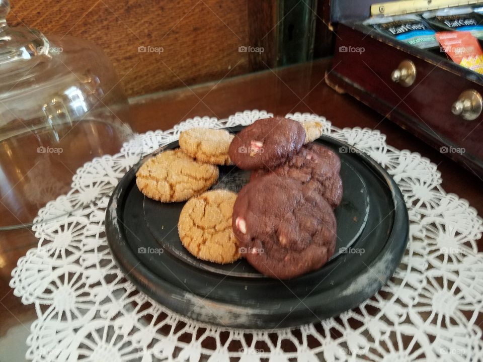 Christmas Cookies. My mother in law bakes these cookies every year. there are two delightful varieties on this plate. Chocolate Peppermint and Molasses Brown Sugar Crinkles.