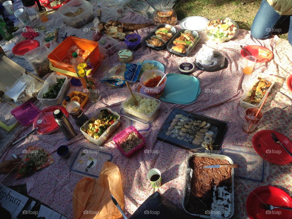 Colorful Outdoor extreme picnic for a party with brownies, cookies, sandwiches, coffee, cake, salad and veggies