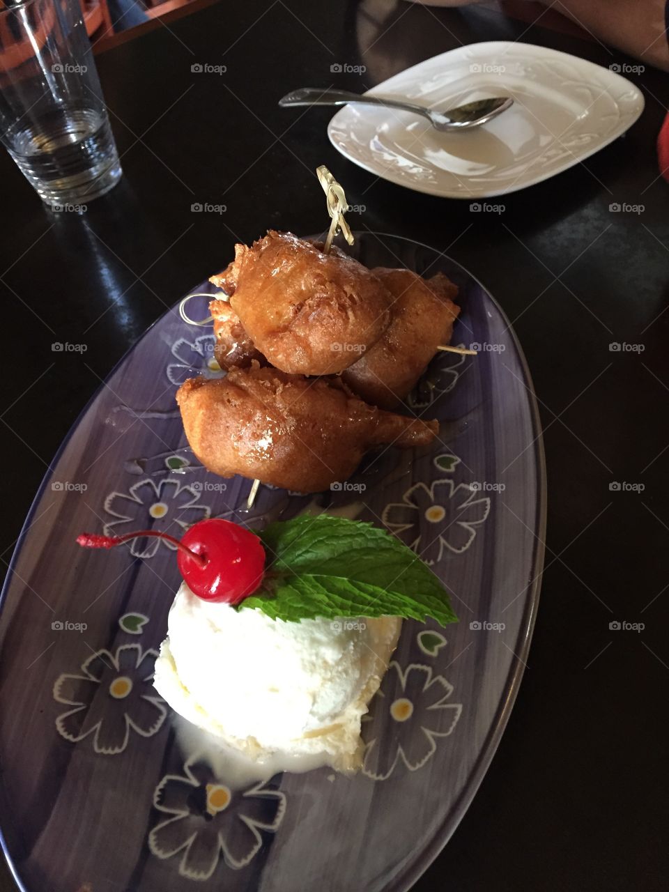 Desert, fried banana with ice-cream