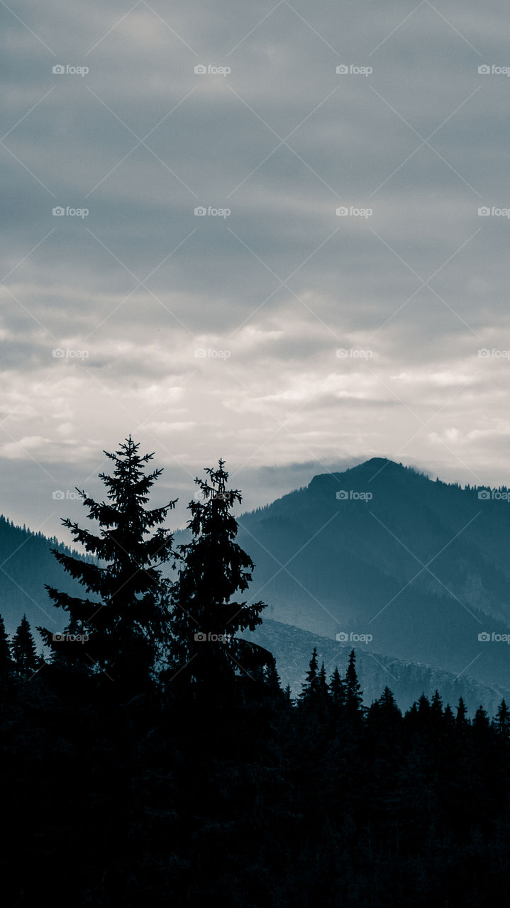 An inspiring mountain landscape. Tatry mountains in Slovakia. A beautiful wallpaper for smartphone screen. Monochrome blue abstract gradient with perspective.