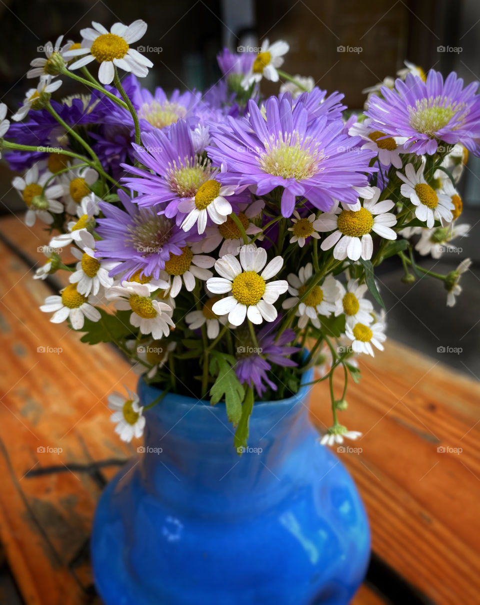 Daisies and purple asters in a blue ceramic vase