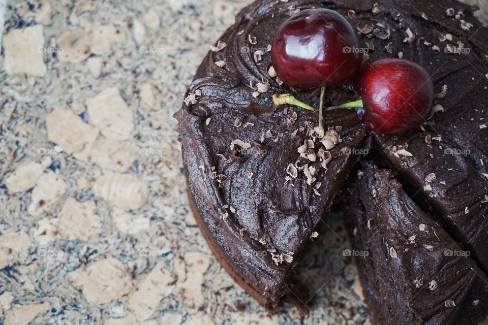 Chocolate cake on table