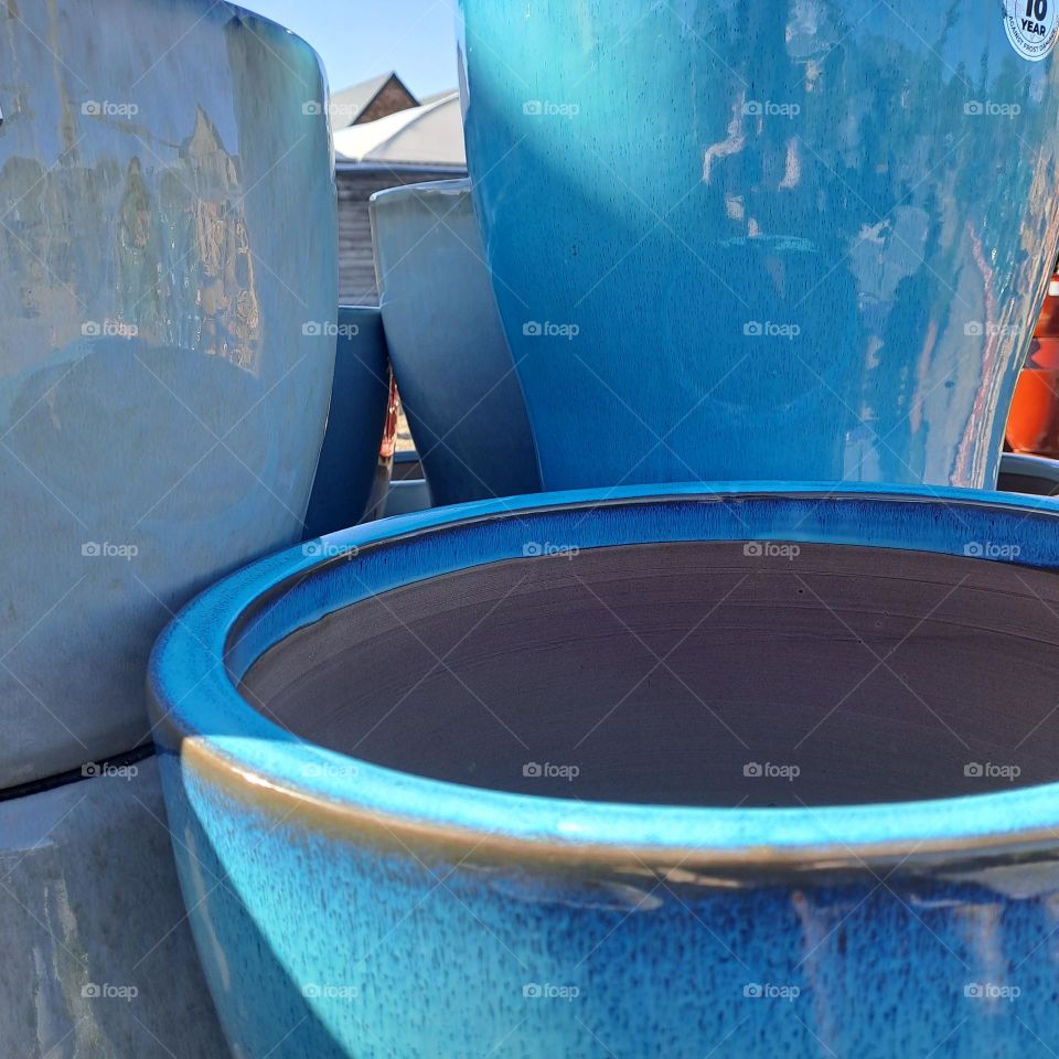 shiny blue grey flowerpots on sale round stacked