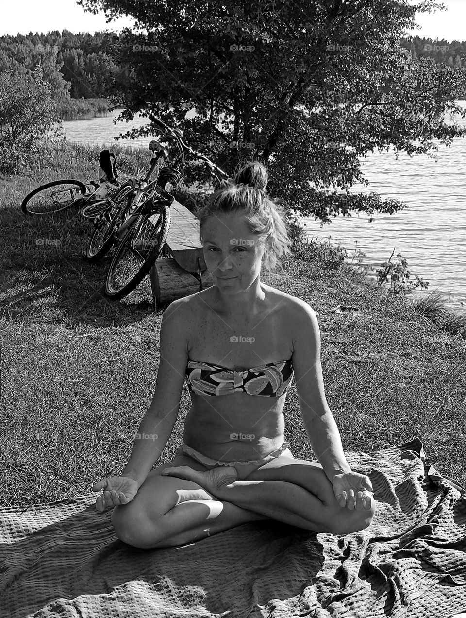 woman relaxing and meditation outside black and white background