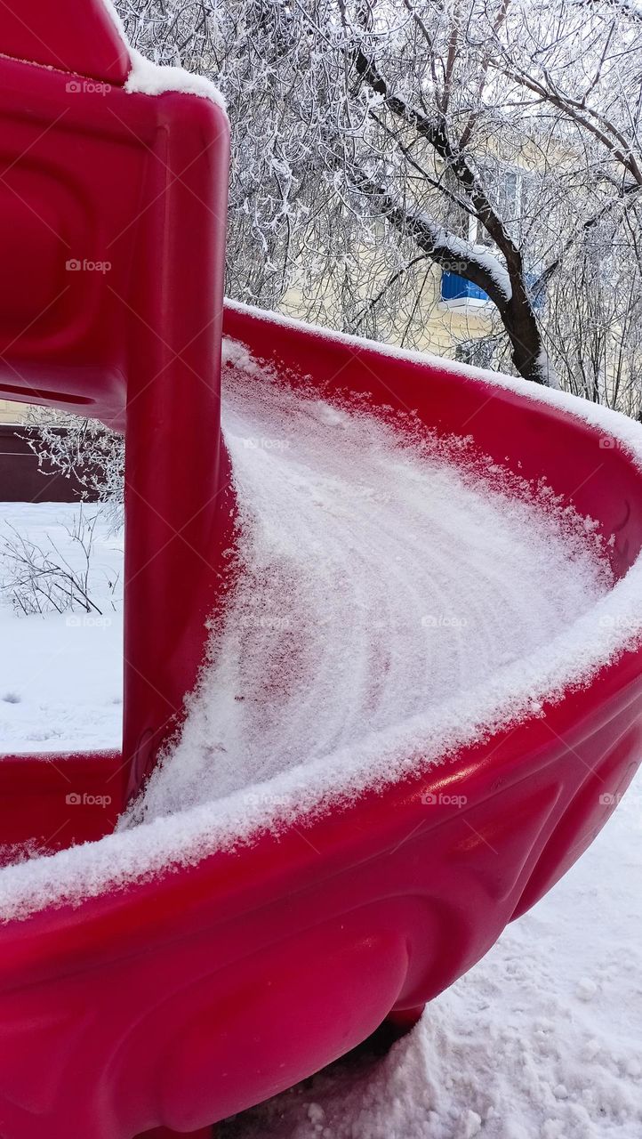 color red, red slide in white snow, snow, winter, red and white