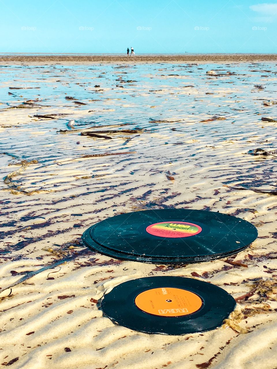 Two vinyl records including 45 in water at ocean at low tide at beach