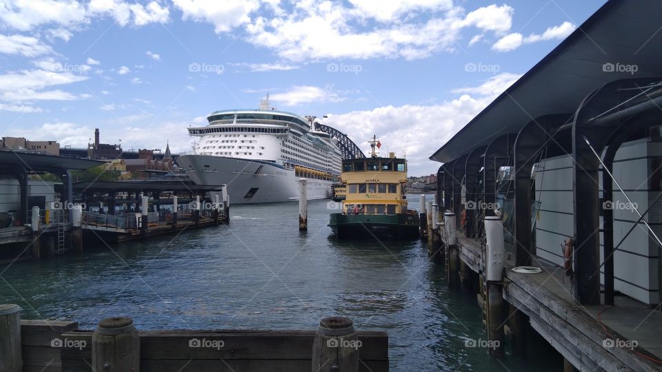 The legendary Manly ferry, dwarfed by the Voyager Of The Seas and the Harbour Bridge from Circular Quay