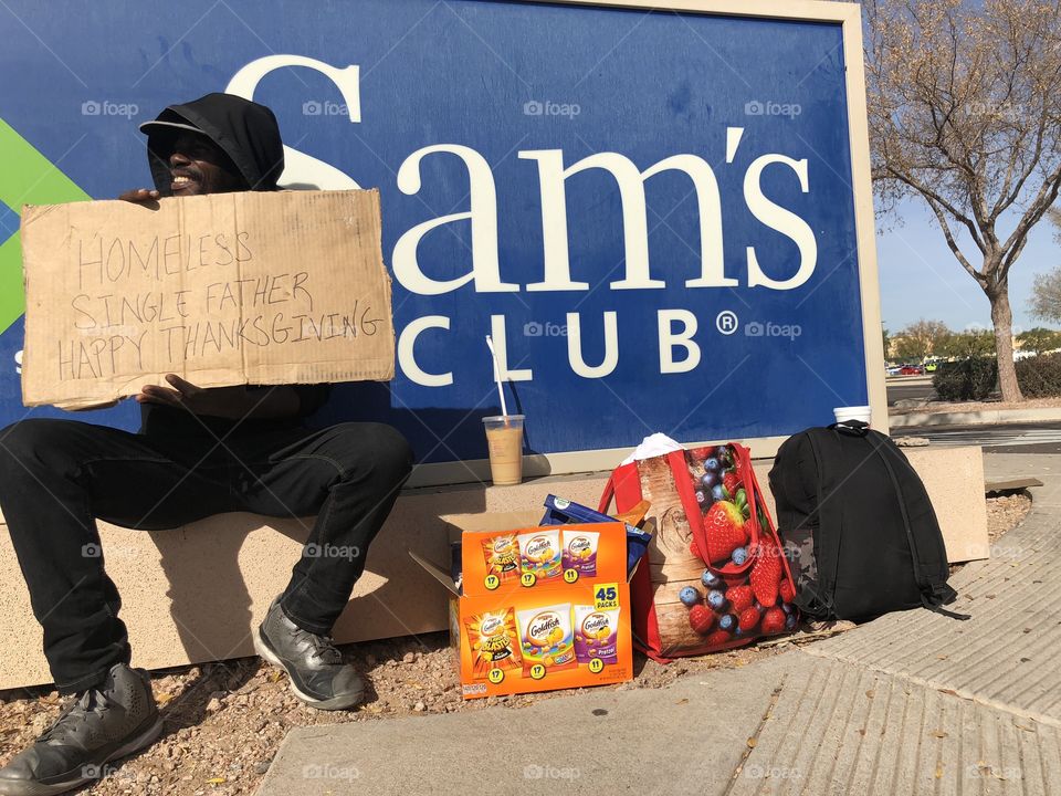 “Homeless Father Happy Thanksgiving” great guy. Just in a tight spot... Most homeless people started out like us...They’re victims of circumstance. Think about that. Tomorrow you could hit your head..disability, broke, homeless, just like that! Snap!