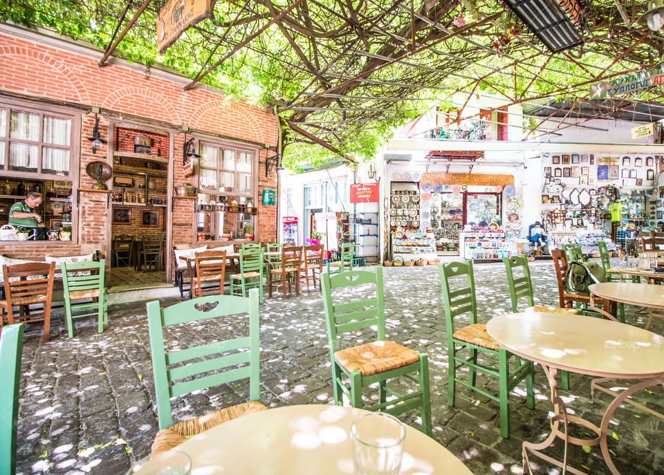 Traditional Rustic Outdoor Cafe In Lesvos, Greece
