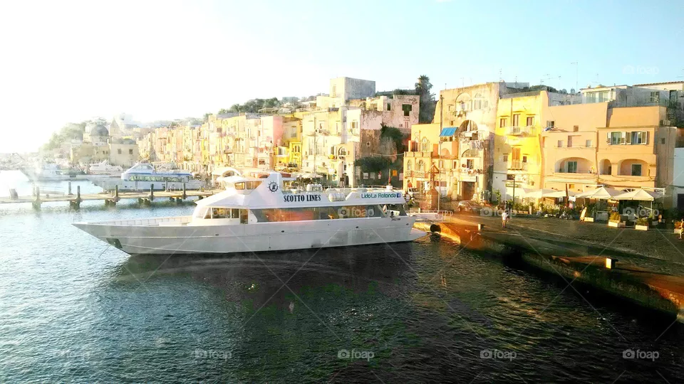 The hydrophoil in the port of the Italian island of Procida