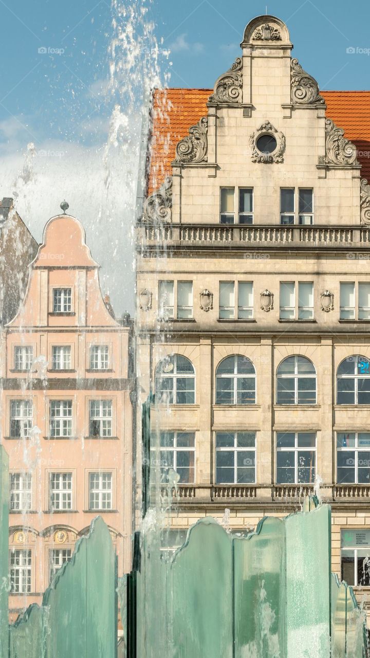 tenement houses and a fountain on the Wroclaw market square