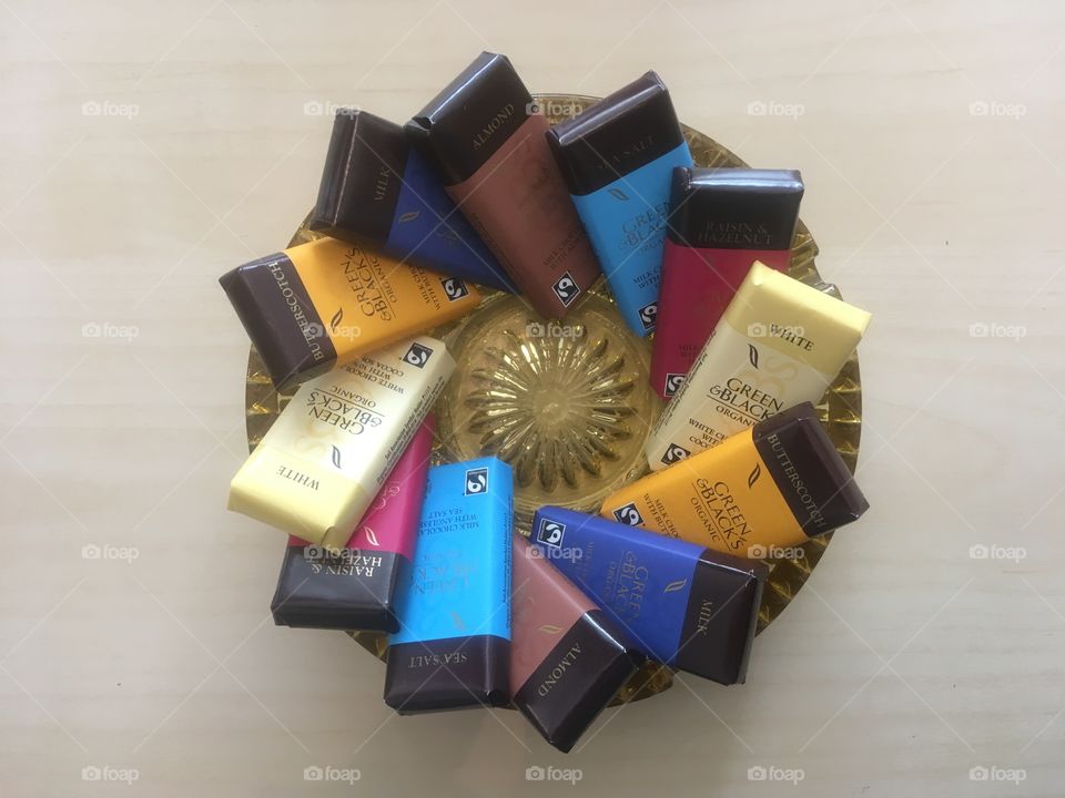 A selection of assorted miniature Green & Black’s Organic chocolate bars. Presented in the round in a glass dish, for sharing in Summer.