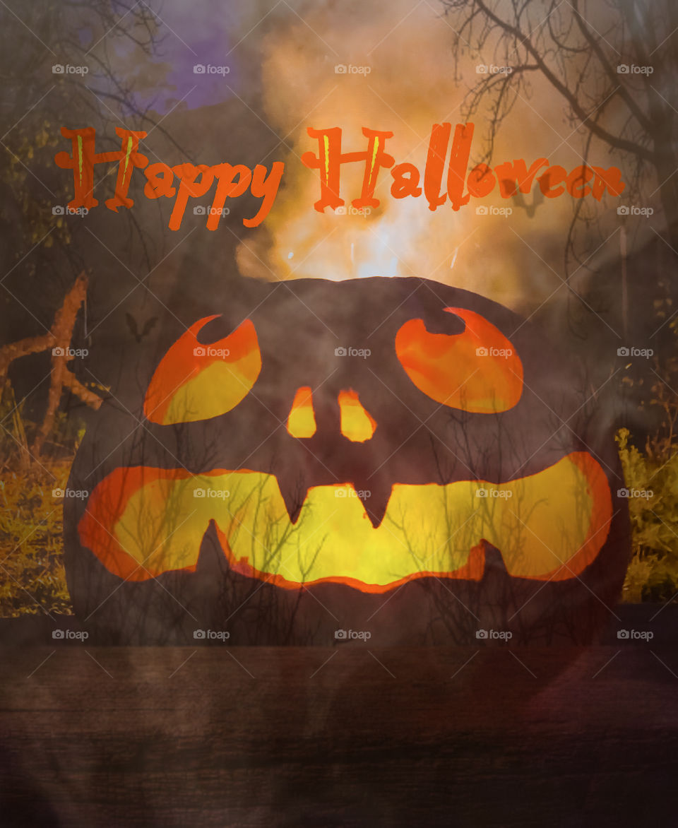 Happy Halloween poster/card/wallpaper with Jack o lantern, smoke and spooky trees