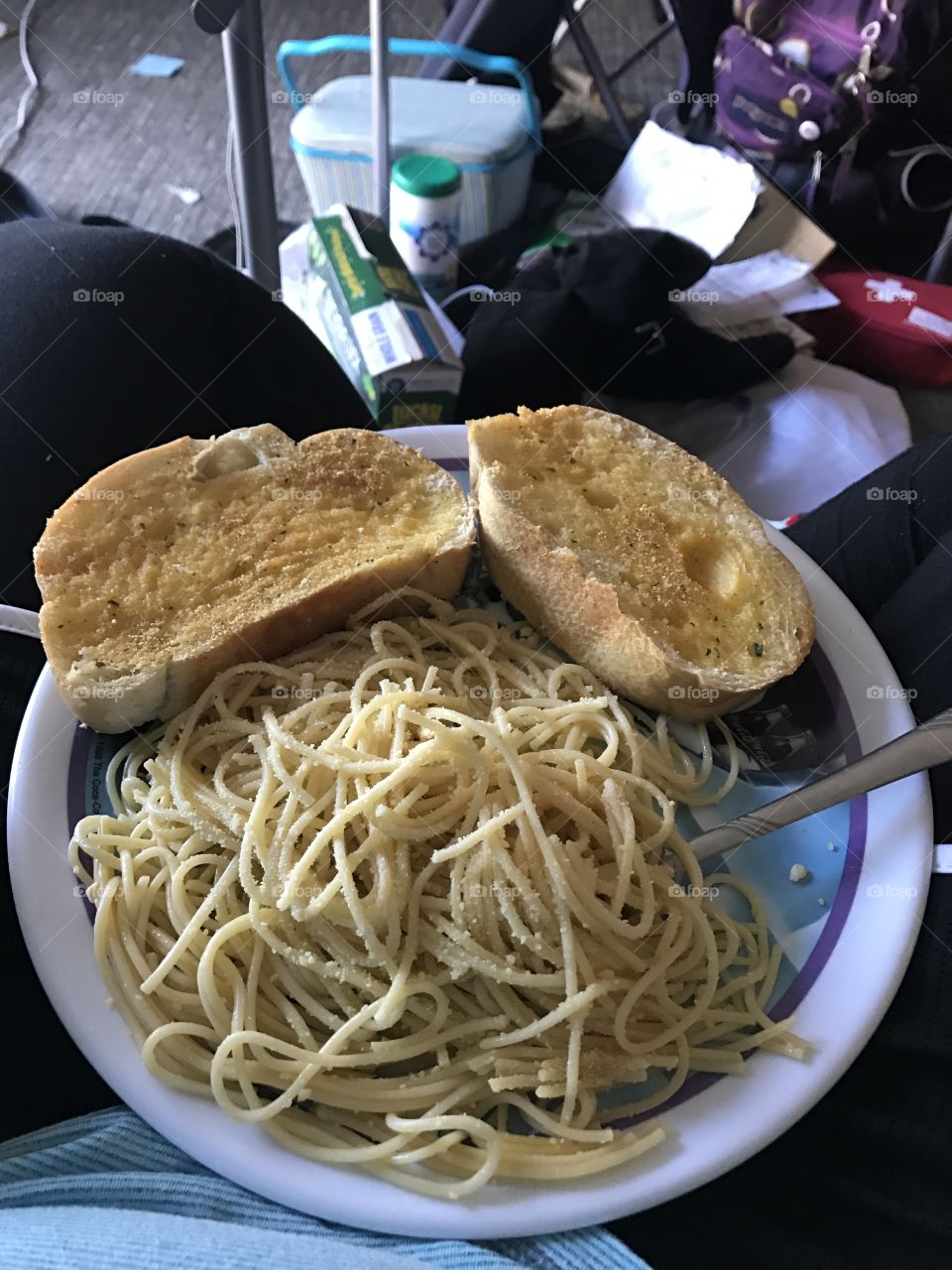 Spaghetti dinner with homemade garlic bread.