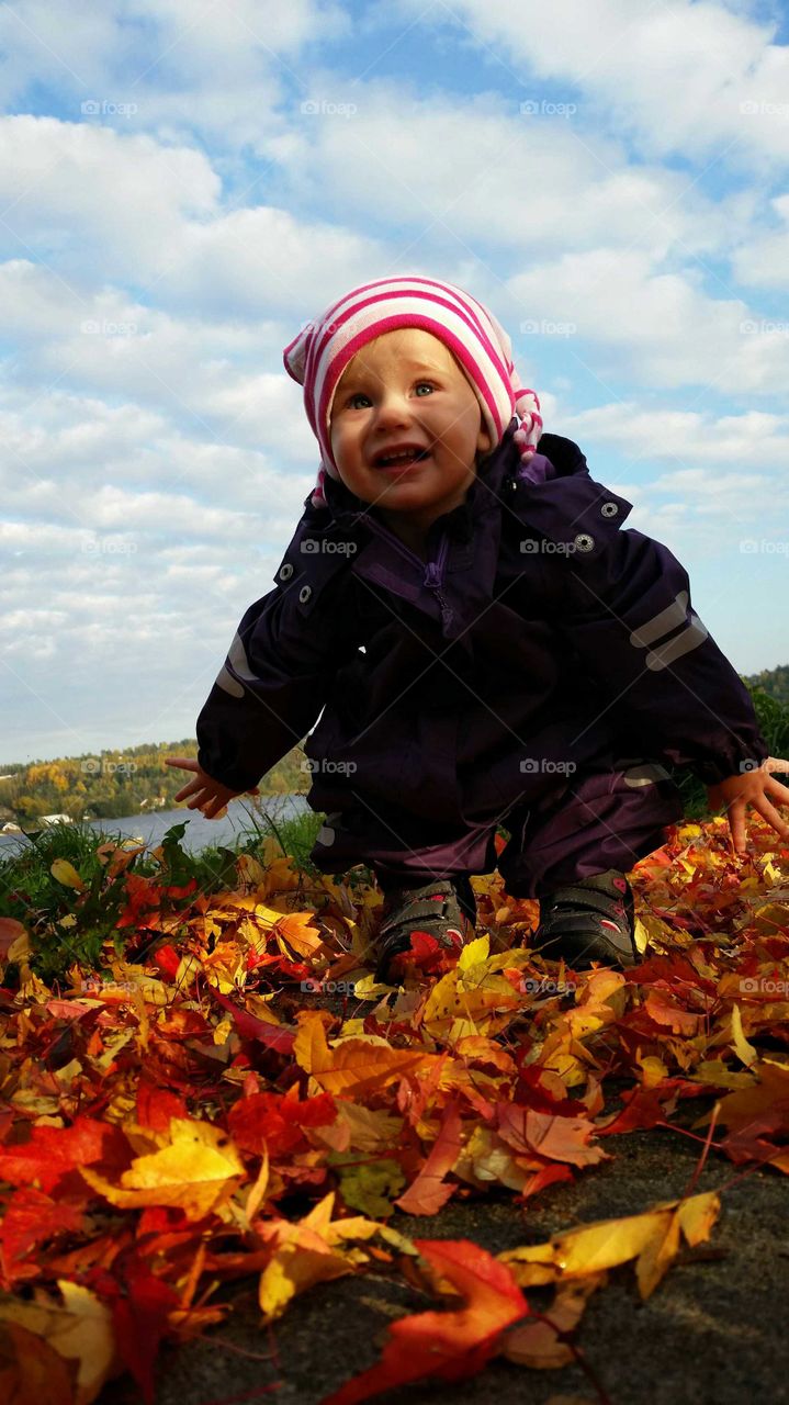 1 - 2 - 3!. Playing outside with colorful leaves