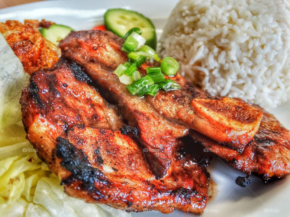 Grilled Pork Chop With Rice. Vietnamese Pork With White Rice
