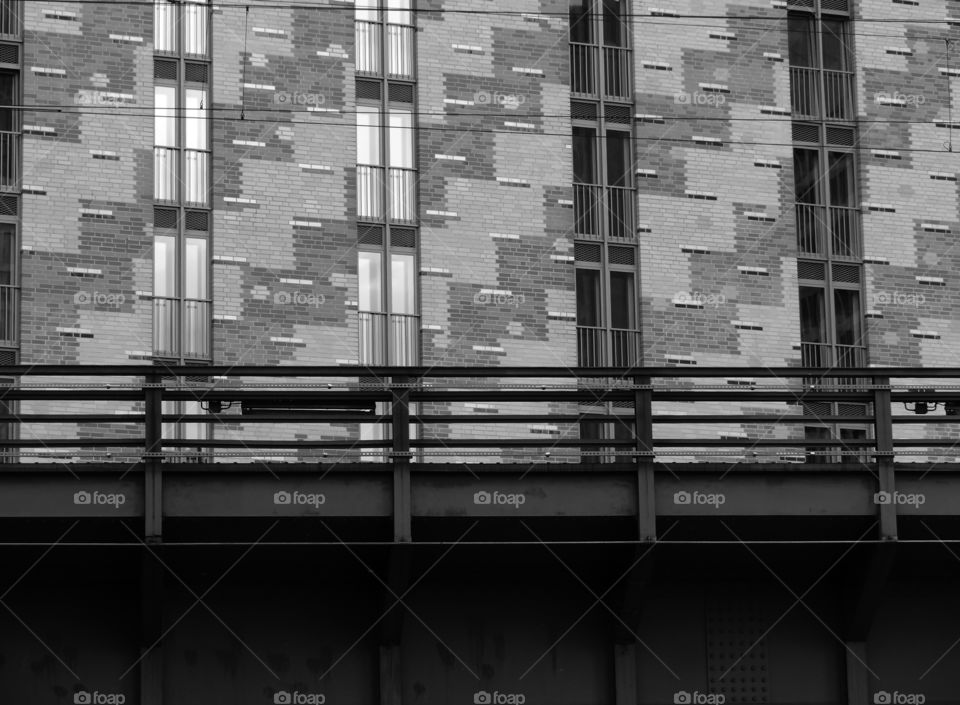 Black and white shot of grey coloured architecture in Berlin, Germany.