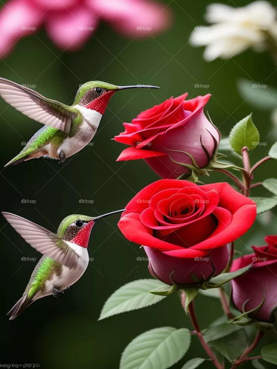 Birds fluttering among roses