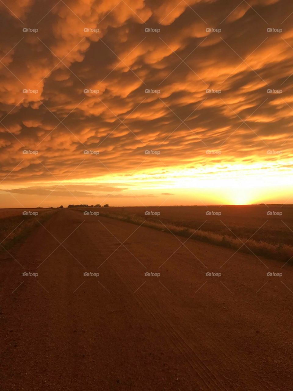 Orange sunset sinking down on a dirt road of Kansas 