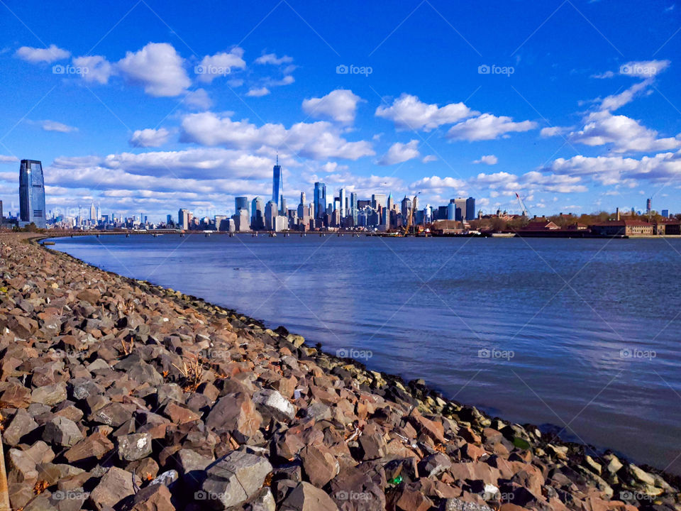 The iconic New York skyline as seen from New Jersey across the Hudson on a clear day