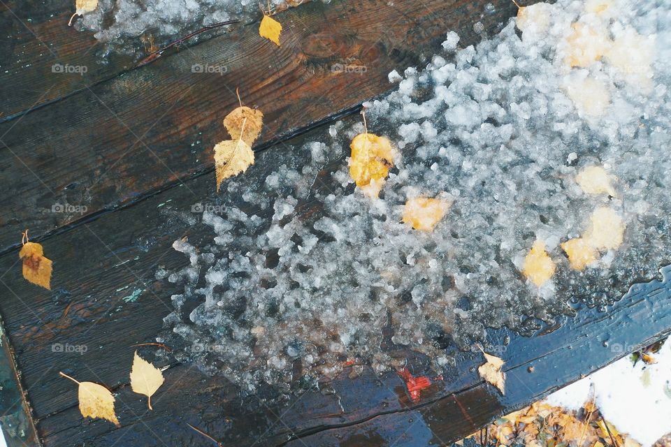 wet snow and yellow leaves on an old table