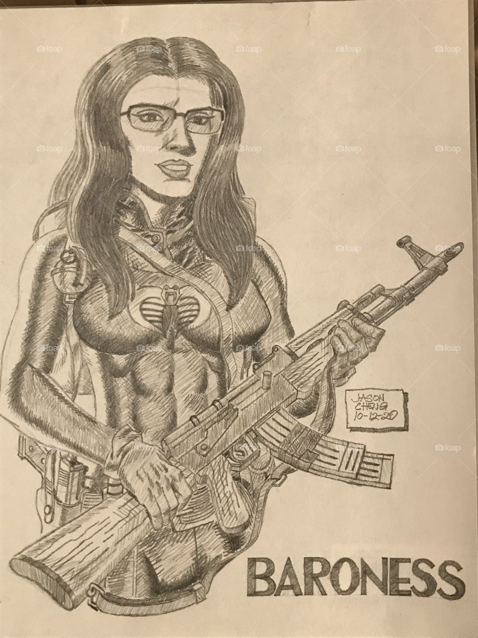 A detailed pencil illustration of the Baroness from GI JOE: A REAL AMERICAN HERO. She is armed with an AKM and in battlefield gear.