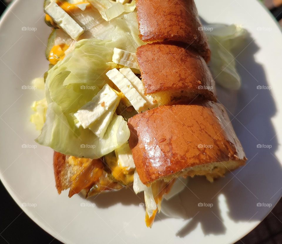 Garlic bread, burger