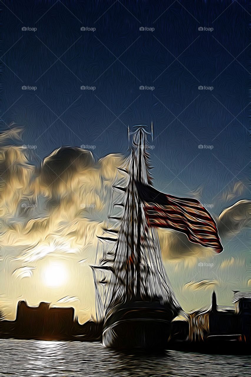 Brush stroke rendition of a photo of of a large sailbot at sunset with a large American flag.