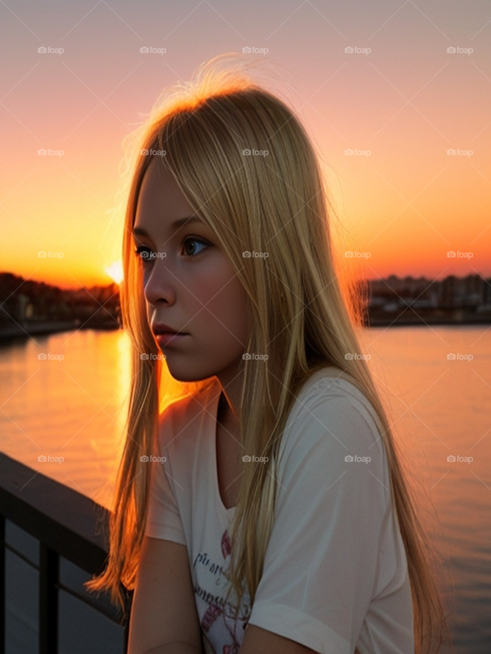 Cute blonde girl with sunset view