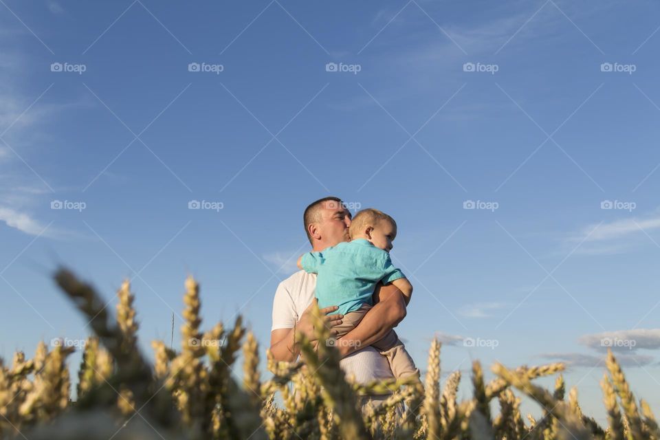Dad and son are walking in a field with ripe wheat during the harvest.