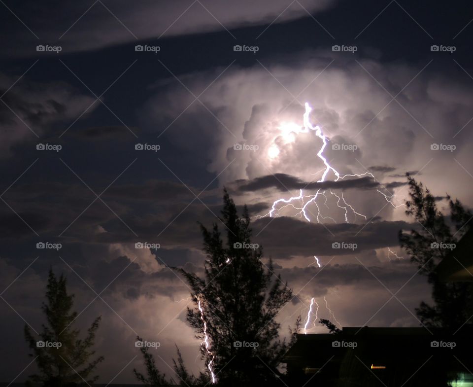 Thunder lighting in sky at night