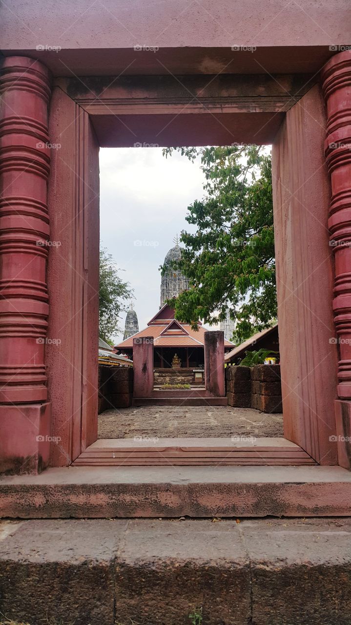 Antique old temple though the arch of temple