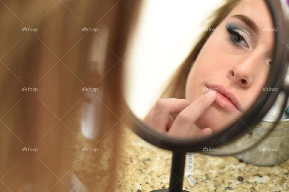 Mirror, reflection, young woman, looking into round mirror