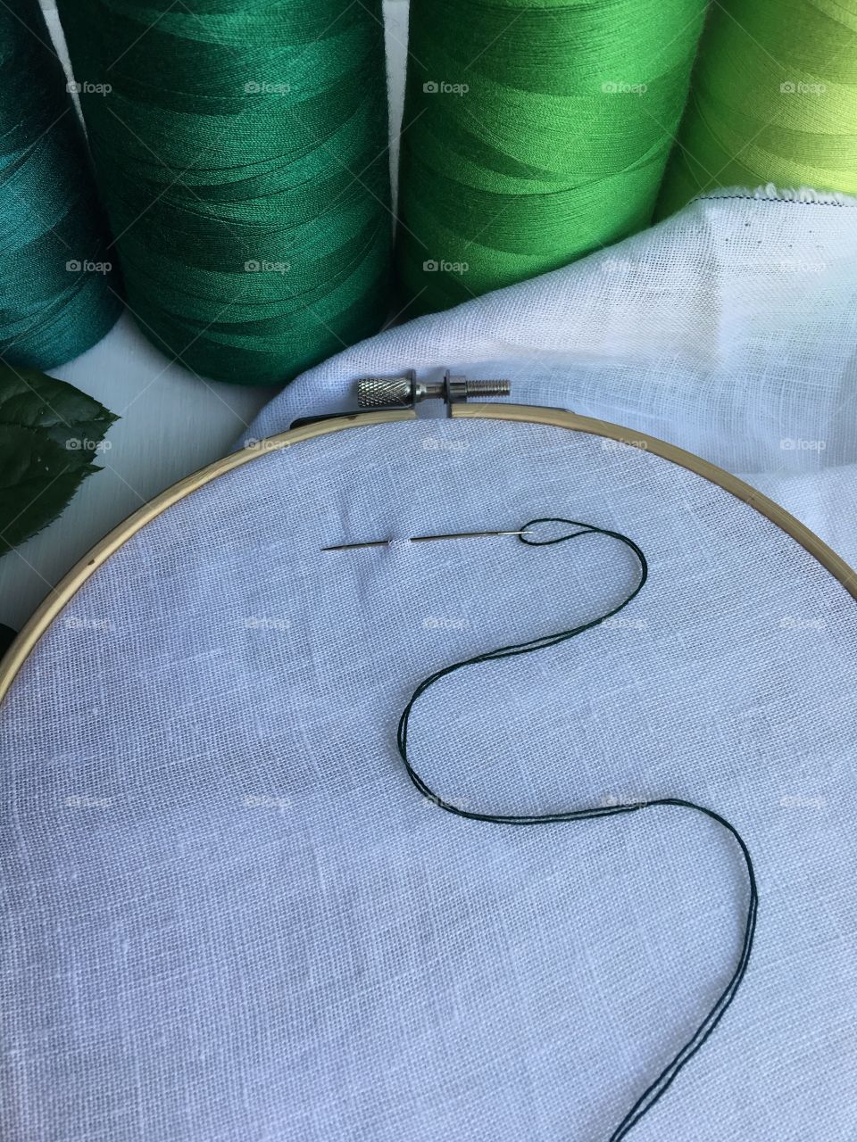 green thread in the bobbin and wooden hoop for sewing and embroidery
