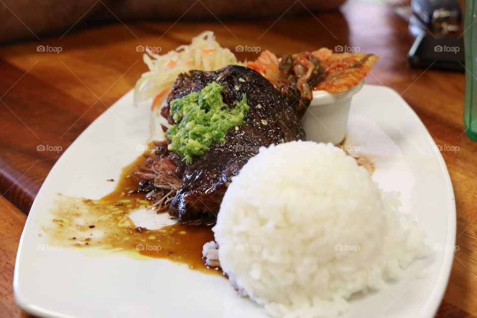 Let’s eat - rice and short ribs Hawaiian style