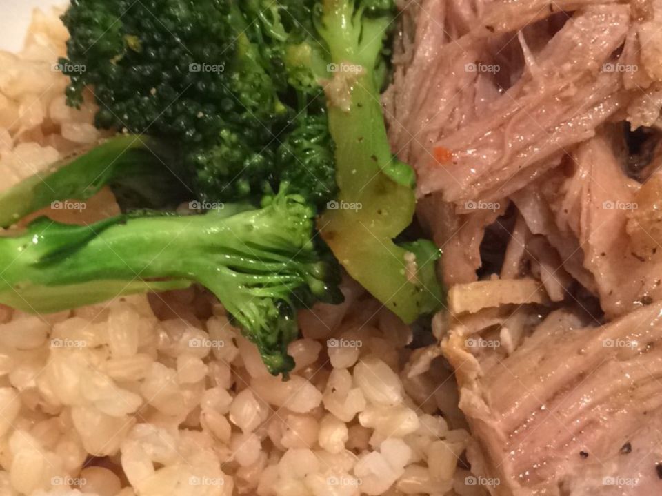 Homemade pork with rice and broccoli