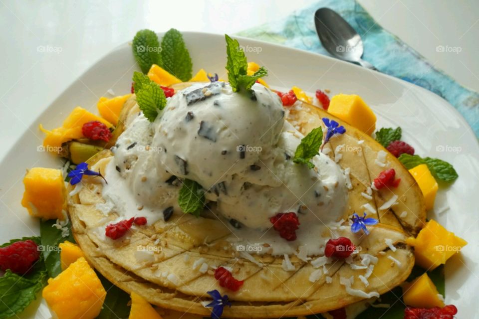 Summer time icecream - Banana split - mint chips ice cream