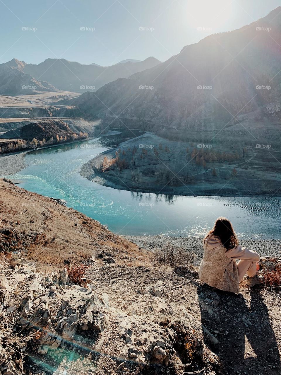 Autumn in the mountains, beautiful view from the mountain to the river