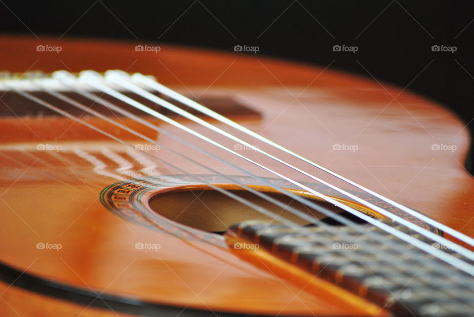 Macro shot, acoustic guitar, string, pickup