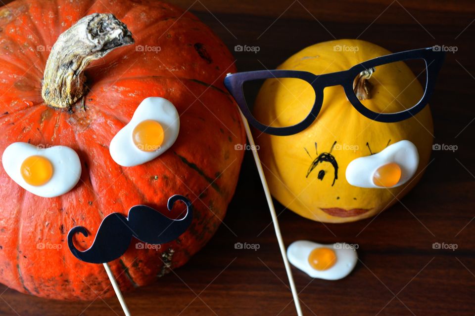 happy Halloween decorations two pumpkins couple