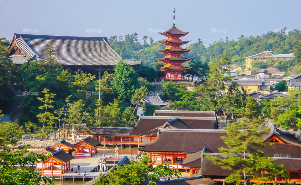 View at the famous Japanese shrines Itsukushima, Senjokaku and shinto pagoda at the island Miyajima, Japan