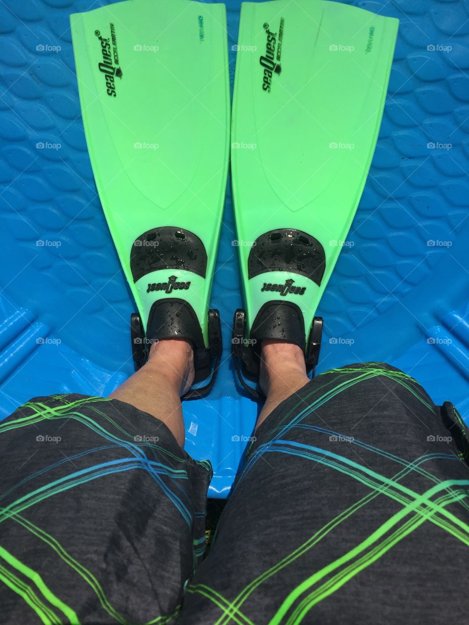 Looking down at my feet in swim fins